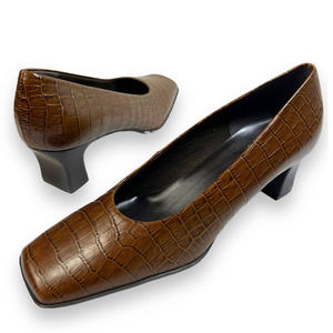 LifeStride Studio Croc Leather Embossed Heels Pumps | 6.5 Brown